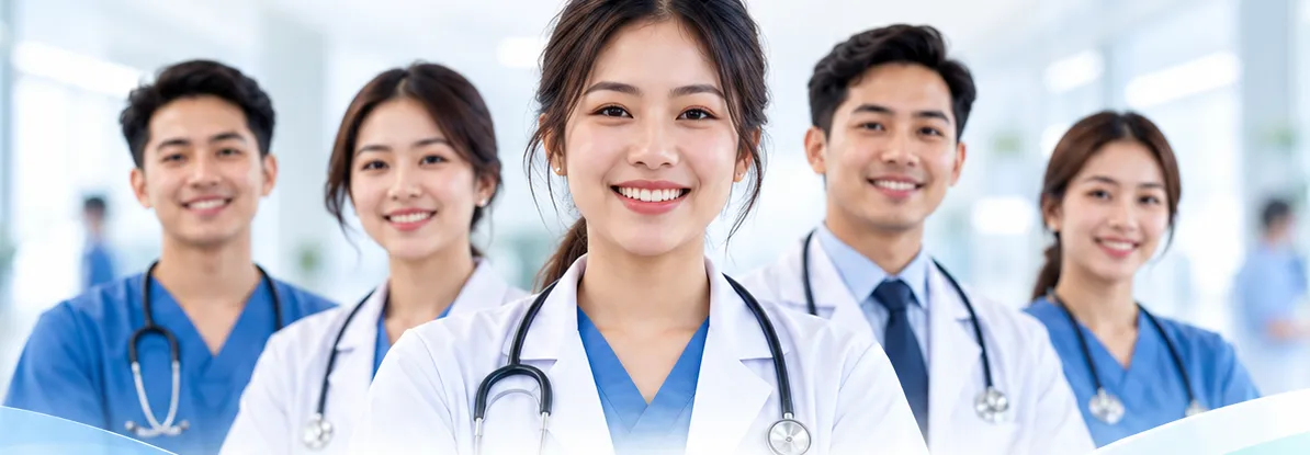 A group of smiling healthcare professionals in scrubs and white coats